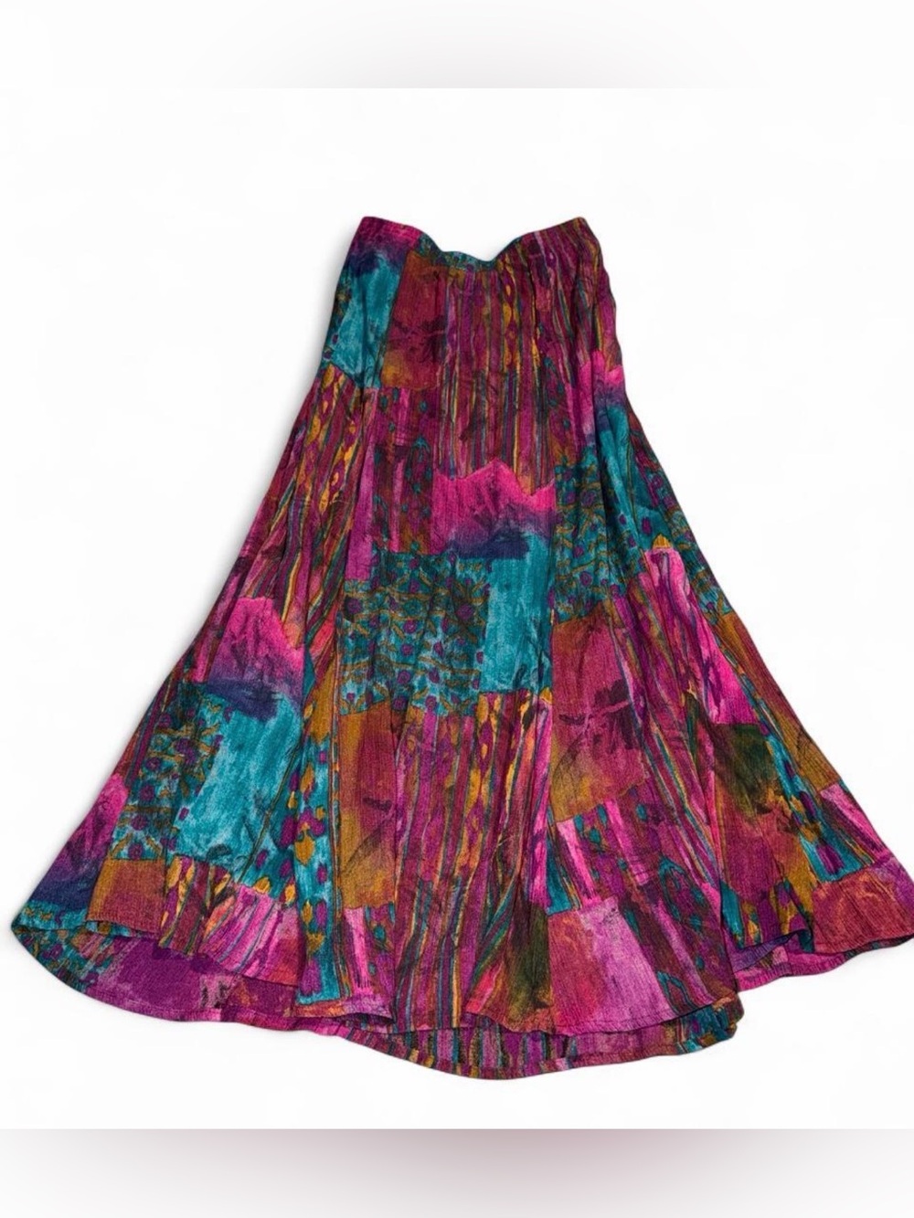 90s maxi skirt with abstract multicolored brushstroke design in purple, teal